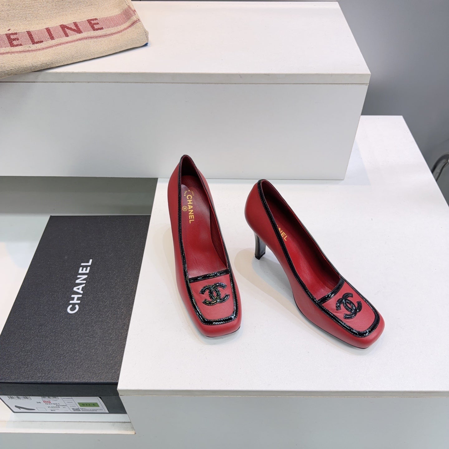 CHANEL 26S HIGH HEEL PUMPS 85 MM IN RED CALFSKIN WITH BLACK PATENT