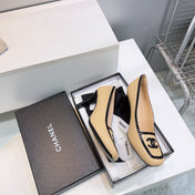 CHANEL 26S HIGH HEEL PUMPS 85 MM IN BEIGE CALFSKIN WITH BLACK PATENT