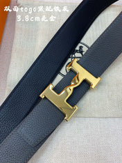 HM H BELT BUCKLE & REVERSIBLE BLACK LEATHER STRAP 38MM GOLD HARDWARE
