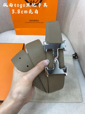 HM H BELT BUCKLE & REVERSIBLE CAMEL BROWN LEATHER STRAP 38MM SILVER HARDWARE