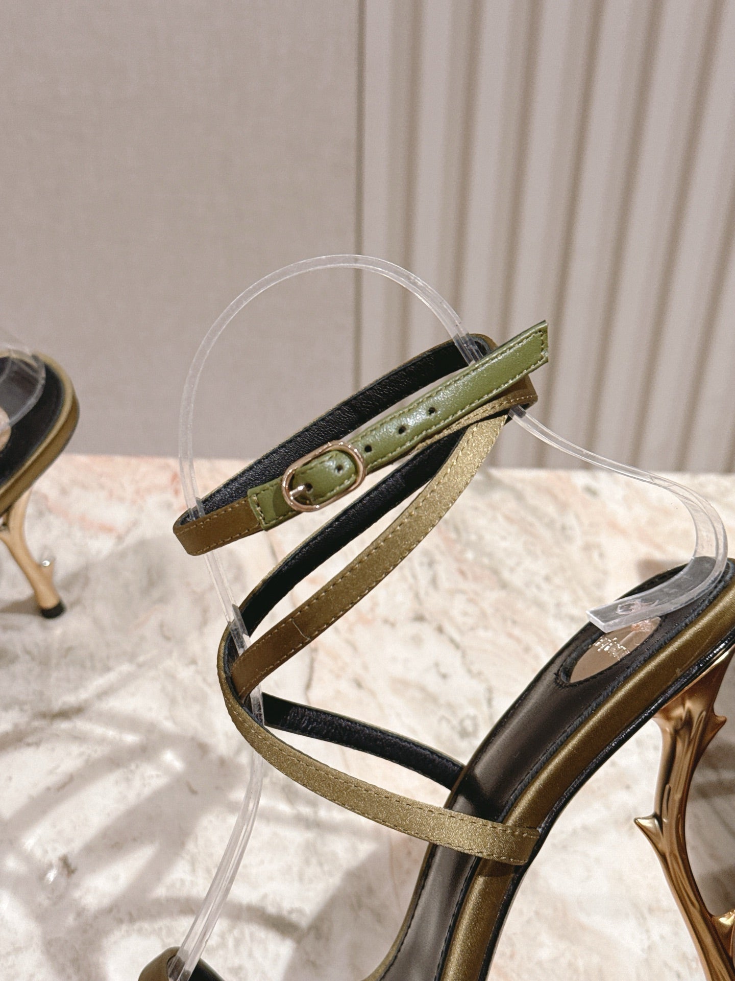 YSL 25S STRAPPY HIGH-HEEL SANDALS 100 MM IN OLIVE GREEN LAMBSKIN