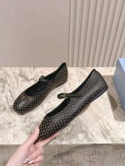 PRADA 25S STUD EMBELLISHED BALLERINA IN BLACK CALFSKIN