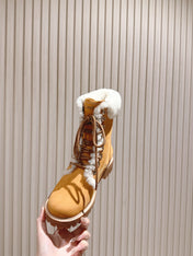 CELINE 25S KURT LACE UP MID BOOT IN MEDIUM ORANGE SUEDE AND SHEARLING