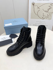 PRADA 25S LACE UP BOOTS BLACK GLOSSY CALFSKIN