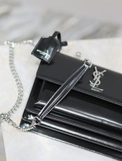 YSL 25S SUNSET MEDIUM 22 IN BLACK SHINY CALFSKIN SILVER HARDWRE