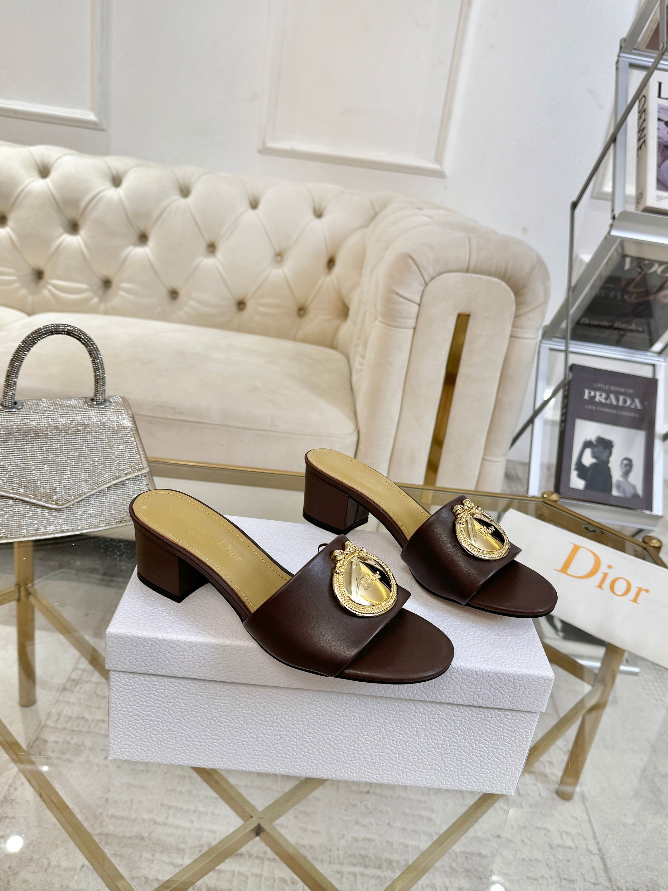 DIOR 26S HIGH-HEEL SANDALS 55MM IN DARK BROWN CALFSKIN WITH GOLD HARDWARE