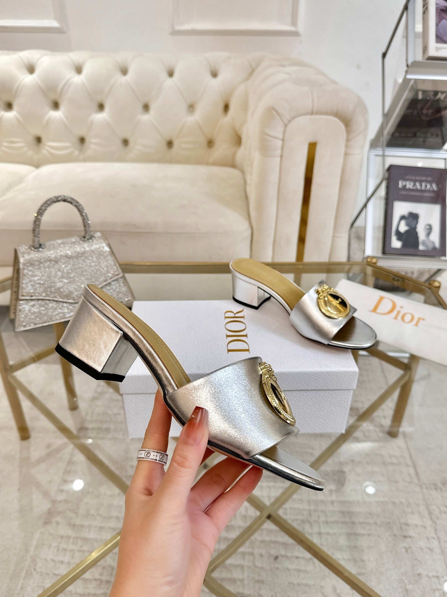 DIOR 26S HIGH-HEEL SANDALS 55MM IN SILVER CALFSKIN WITH GOLD HARDWARE