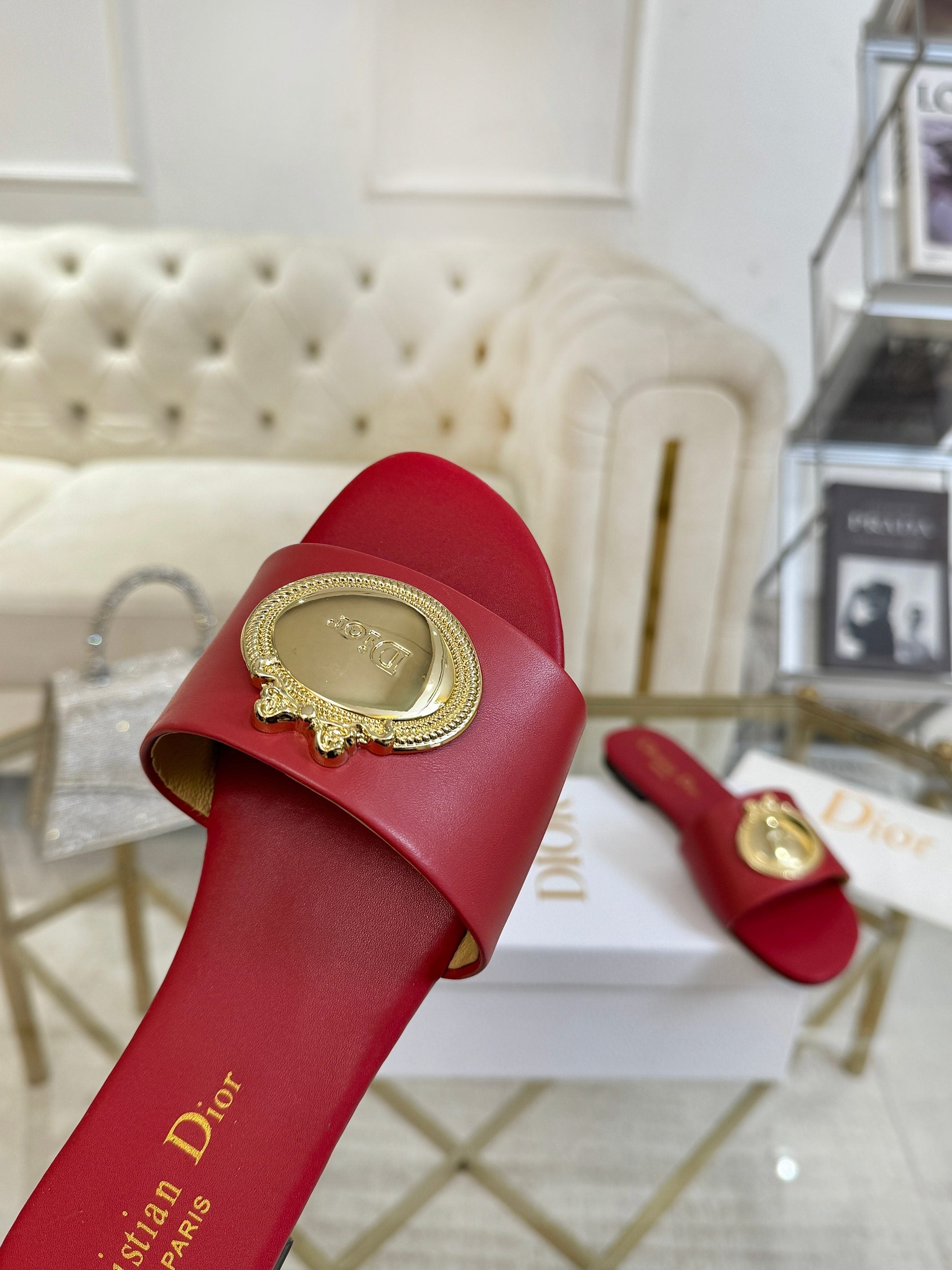 DIOR 26S  FLAT SLIDE SANDALS IN DARK RED CALFSKIN WITH GOLD HARDWARE