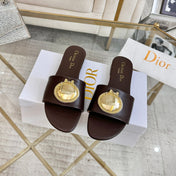 DIOR 26S  FLAT SLIDE SANDALS IN DARK BROWN CALFSKIN WITH GOLD HARDWARE
