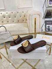 DIOR 26S  FLAT SLIDE SANDALS IN DARK BROWN CALFSKIN WITH GOLD HARDWARE