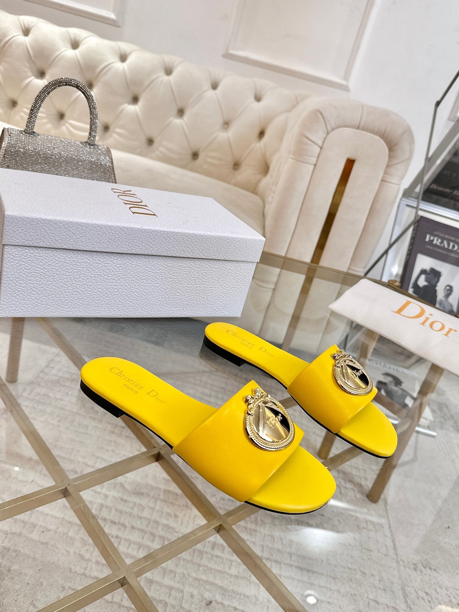 DIOR 26S  FLAT SLIDE SANDALS IN YELLOW CALFSKIN WITH GOLD HARDWARE
