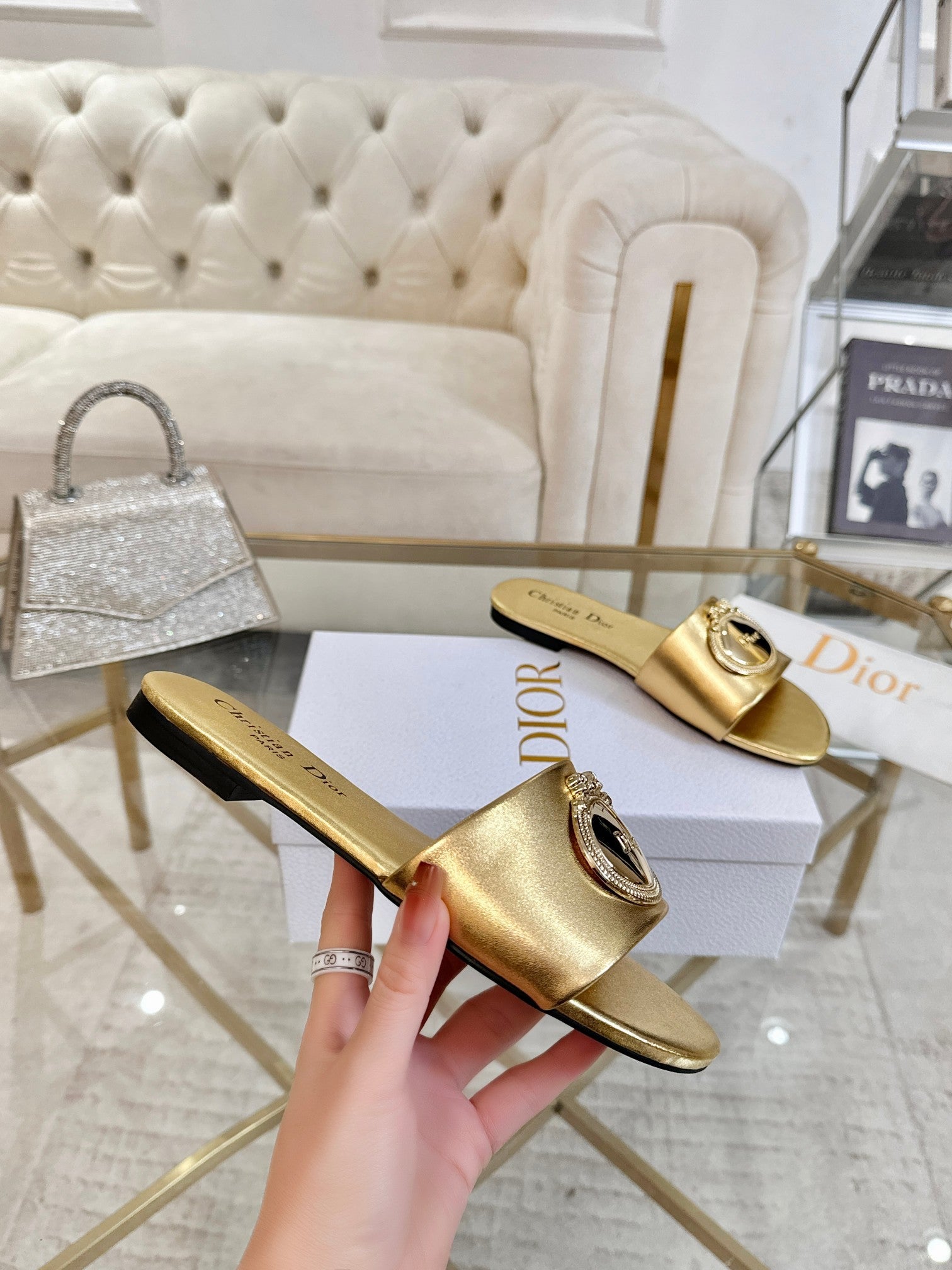 DIOR 26S  FLAT SLIDE SANDALS IN GOLD CALFSKIN WITH GOLD HARDWARE
