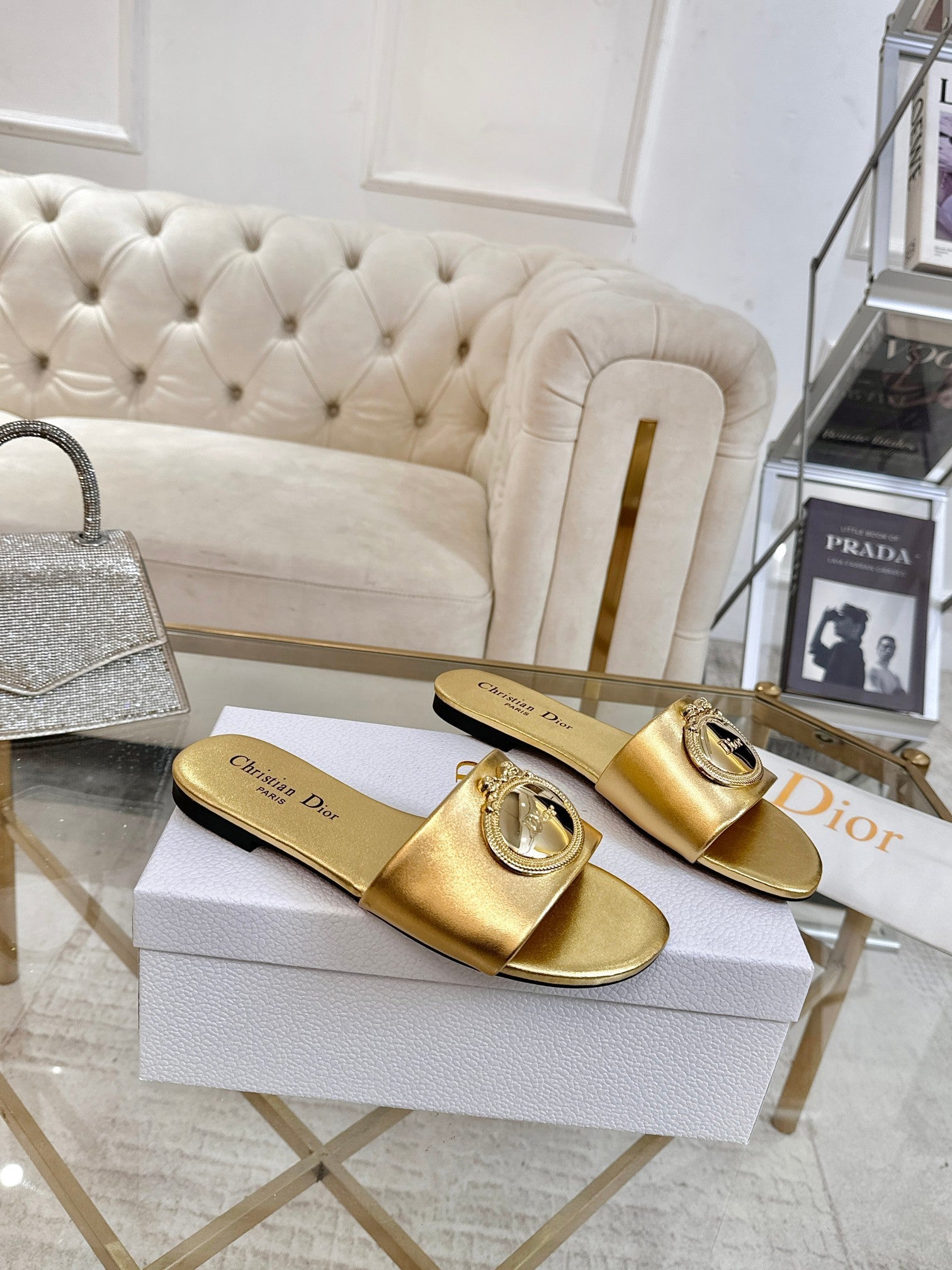 DIOR 26S  FLAT SLIDE SANDALS IN GOLD CALFSKIN WITH GOLD HARDWARE