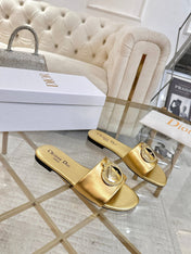DIOR 26S  FLAT SLIDE SANDALS IN GOLD CALFSKIN WITH GOLD HARDWARE