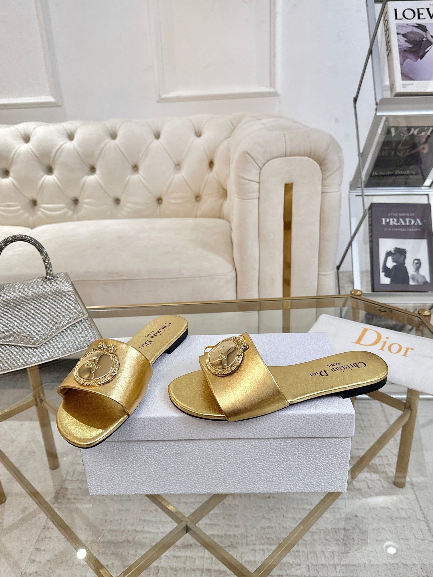 DIOR 26S  FLAT SLIDE SANDALS IN GOLD CALFSKIN WITH GOLD HARDWARE
