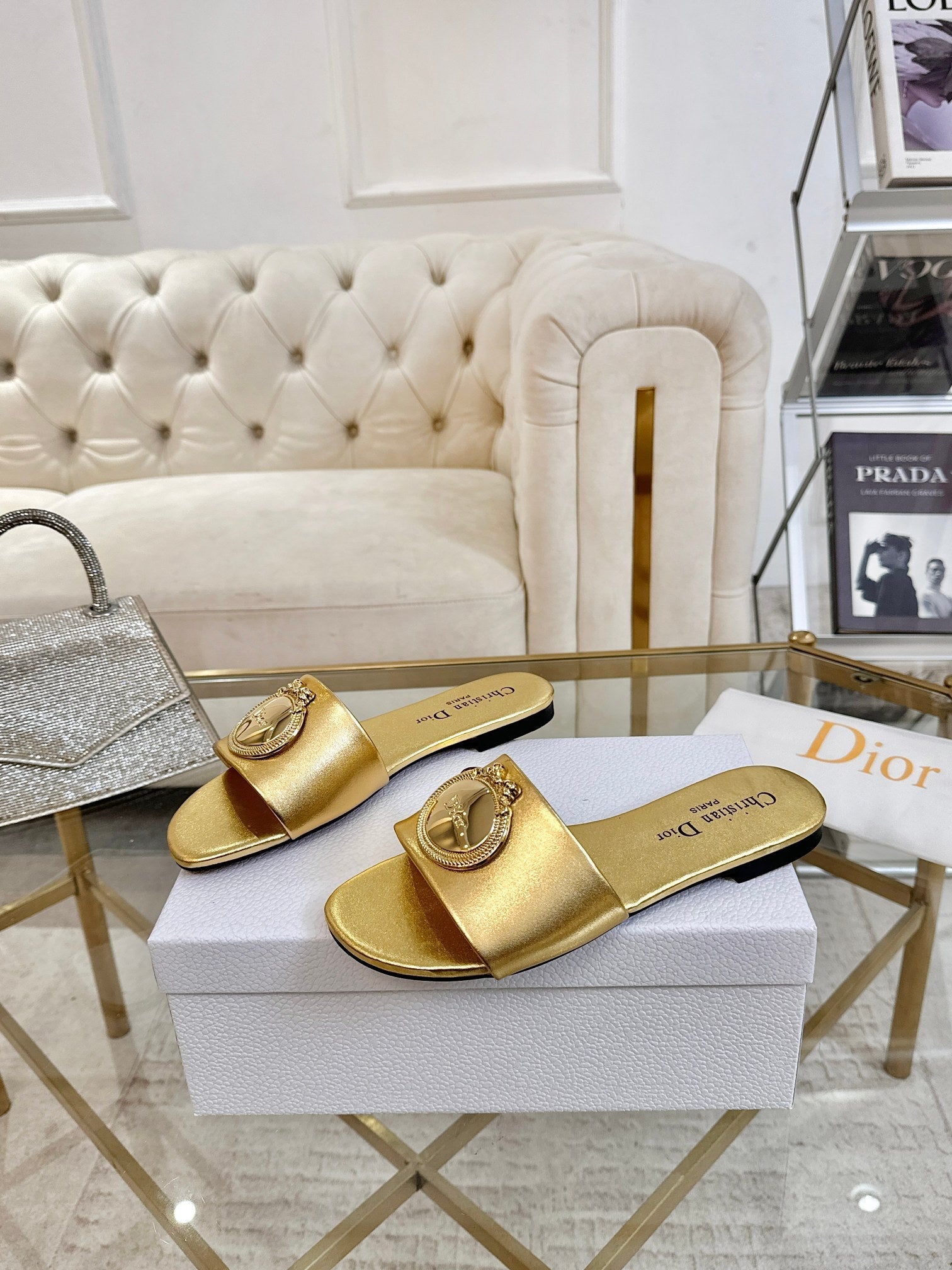 DIOR 26S  FLAT SLIDE SANDALS IN GOLD CALFSKIN WITH GOLD HARDWARE