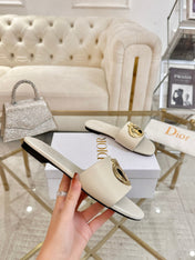 DIOR 26S  FLAT SLIDE SANDALS IN IVORY WHITE CALFSKIN WITH GOLD HARDWARE
