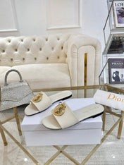 DIOR 26S  FLAT SLIDE SANDALS IN IVORY WHITE CALFSKIN WITH GOLD HARDWARE
