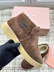 MIUMIU 26S SLIP-ON BOOTIES IN DARK BROWN SUEDE WITH SHEARLING