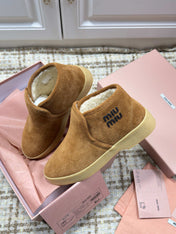 MIUMIU 26S SLIP-ON BOOTIES IN CAMEL BROWN SUEDE WITH SHEARLING