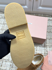 MIUMIU 26S SLIP-ON BOOTIES IN CAMEL BROWN SUEDE WITH SHEARLING