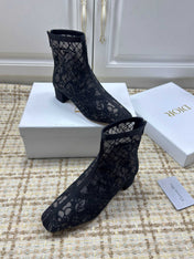 DIOR 26S ANKLE BOOTS 35MM IN BLACK FLORAL LACE MESH BLOCK HEEL