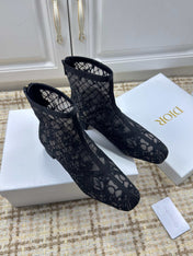DIOR 26S ANKLE BOOTS 35MM IN BLACK FLORAL LACE MESH BLOCK HEEL