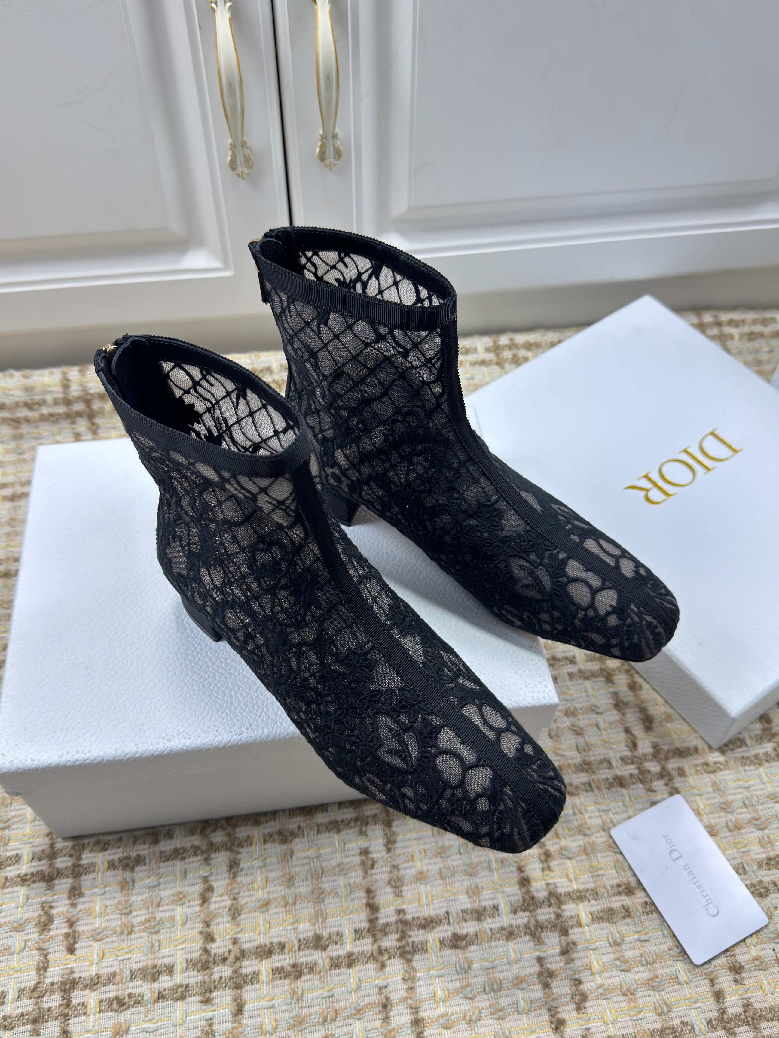 DIOR 26S ANKLE BOOTS 35MM IN BLACK FLORAL LACE MESH BLOCK HEEL