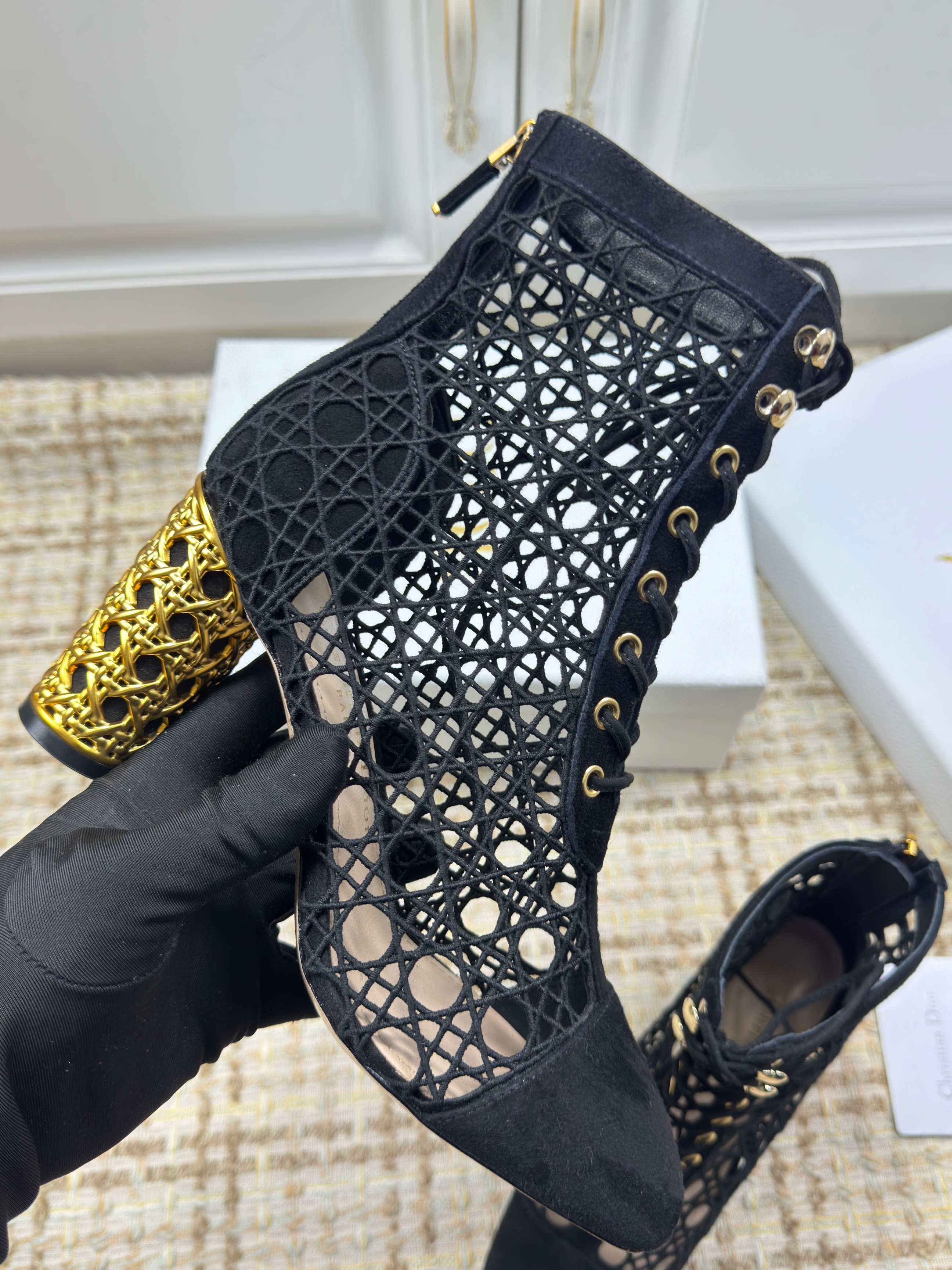 DIOR 26S LACE UP ANKLE BOOTS 80MM IN BLACK OPENWORK LACE SUEDE GOLD HEEL