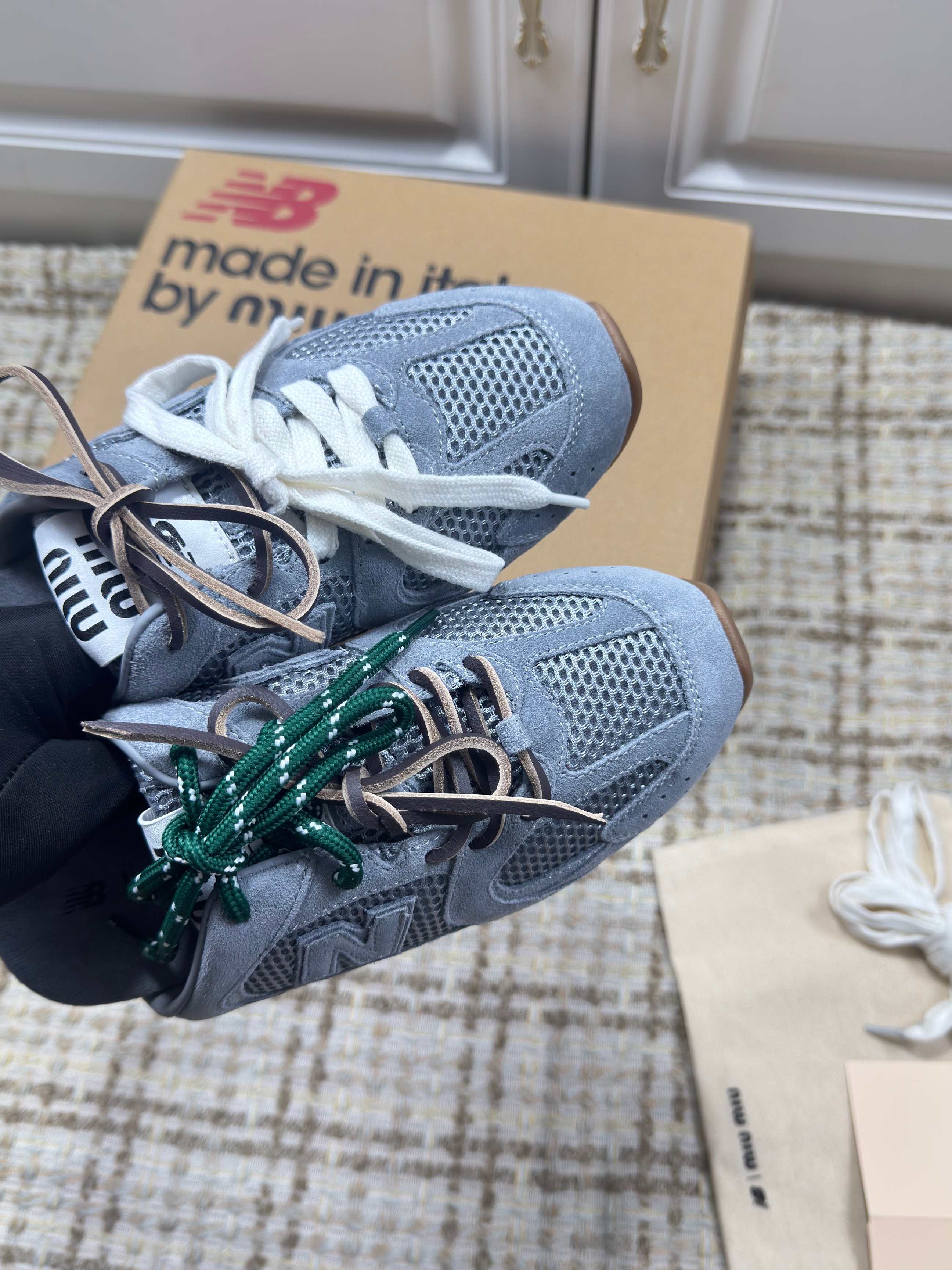 MIUMIU 26S NEW BALANCE SNEAKER MULES IN DUSTY BLUE SUEDE AND MESH