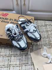 MIUMIU 26S NEW BALANCE SNEAKER MULES IN WHITE MESH AND DARK SILVER CALFSKIN