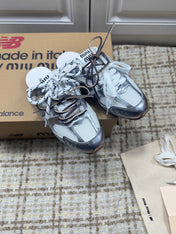 MIUMIU 26S NEW BALANCE SNEAKER MULES IN WHITE MESH AND SILVER CALFSKIN
