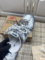 MIUMIU 26S NEW BALANCE SNEAKER MULES IN WHITE MESH AND SILVER CALFSKIN
