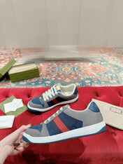 GUCCI 26S SCREENER SNEAKER IN GREY AND BLUE LEATHER