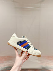 GUCCI 26S SCREENER SNEAKER IN WHITE LEATHER AND BLUE DENIM