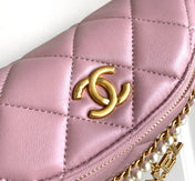 CC WAIST 24 BAG IN LIGHT PINK CALFSKIN WITH PEARL CHAIN AND GOLD HARDWARE