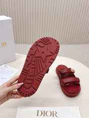 DIOR CLASSIC DOUBLE-STRAP SLIDES 25S IN DARK RED CALFSKIN