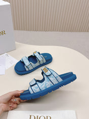 DIOR CLASSIC DOUBLE-STRAP SLIDES 25S IN OCEAN BLUE FABRIC AND CALFSKIN