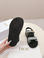 DIOR BACK-STRAP SANDALS 25S IN GREY FABRIC AND BLACK CALFSKIN WITH GOLD HARDWARE