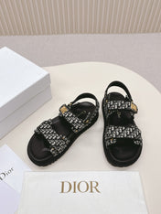 DIOR BACK-STRAP SANDALS 25S IN BLACK FABRIC AND CALFSKIN WITH GOLD HARDWARE