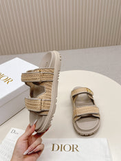 DIOR CLASSIC DOUBLE-STRAP SLIDES 25S IN BEIGE RAFFIA AND TAUPE BEIGE CALFSKIN