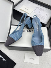 CC SLINGBACK 25S 65 MM IN BLUE DENIM WITH PLAID PATTERN
