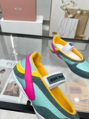 GYMNASIUM BALLERINAS IN GREEN PINK YELLOW TECHNICAL FABRIC AND SUEDE