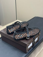 ALAIA MARY JANE FLATS 25S IN BLACK MESH CALSKIN WITH SILVER HARDWARE