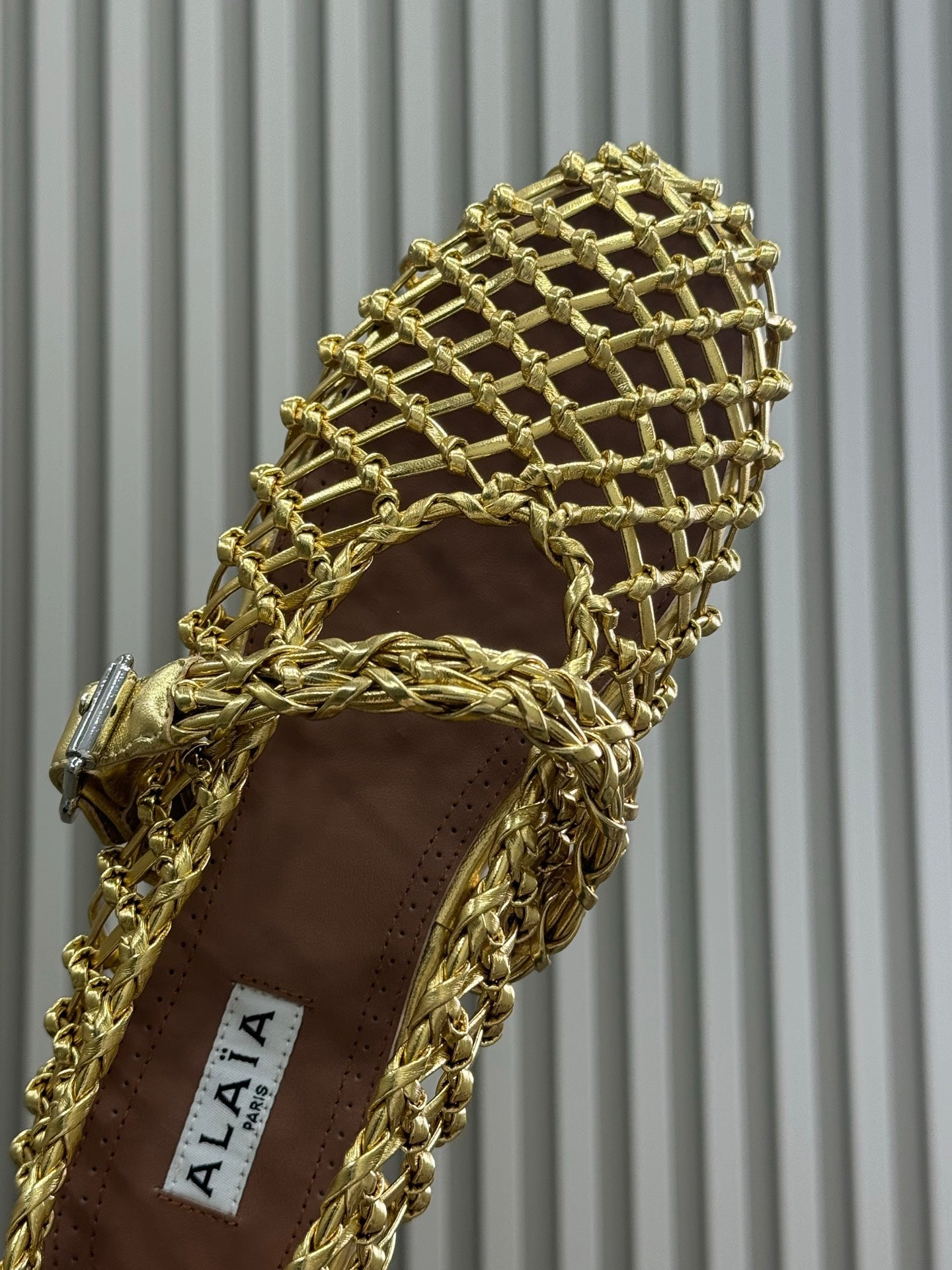 ALAIA MARY JANE FLATS 25S IN GOLD MESH CALSKIN WITH SILVER HARDWARE