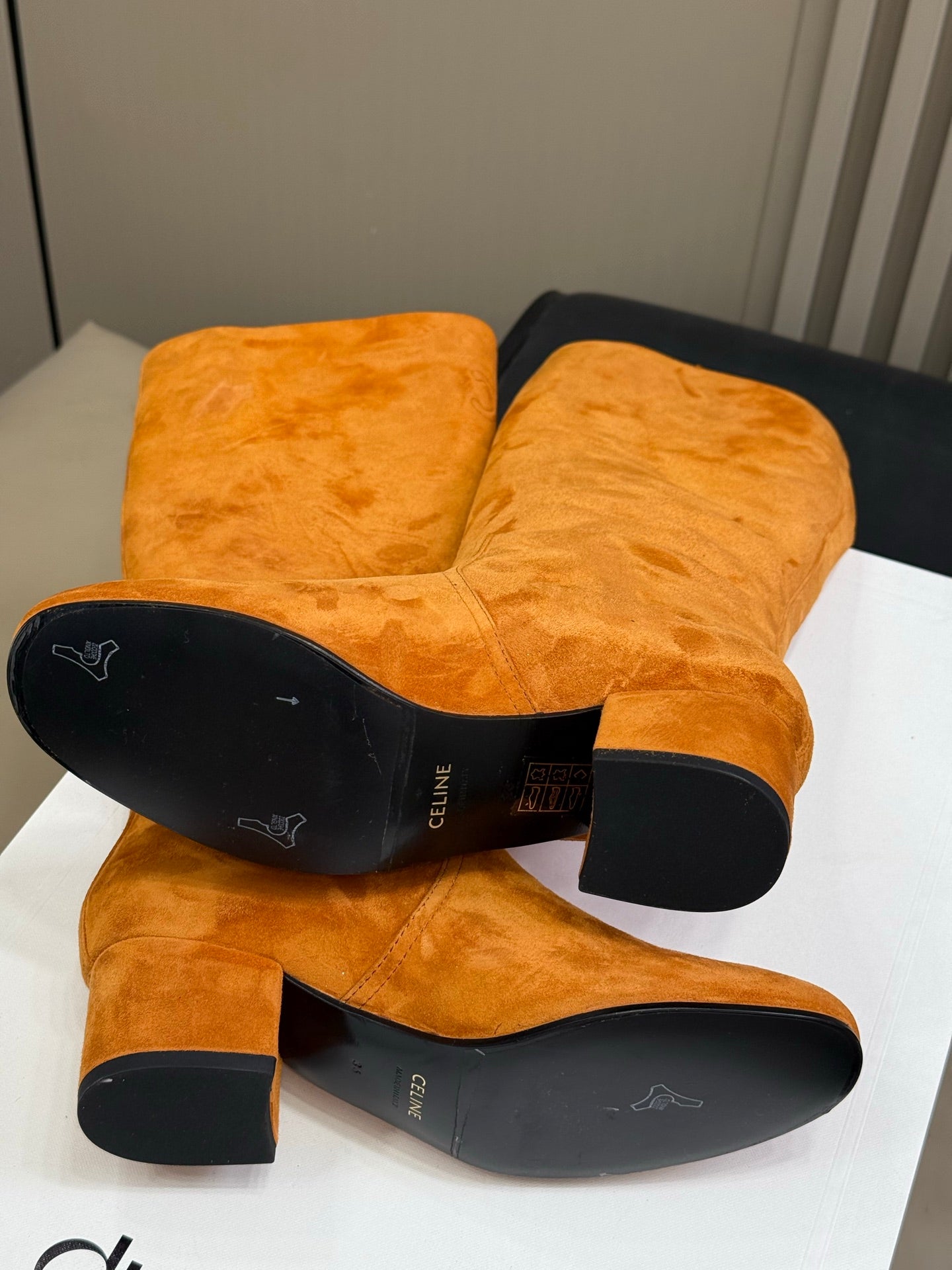 CELINE 26S HIGH-TOP BOOTS IN ORANGE BROWN SUEDE