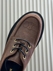CELINE 25S THICK SOLED LOAFERS IN BROWN CALFSKIN SUEDE