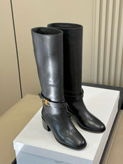 CELINE 26S HIGH-TOP HEELED BOOTS IN BLACK CALFSKIN