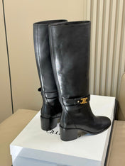 CELINE 26S HIGH-TOP HEELED BOOTS IN BLACK CALFSKIN