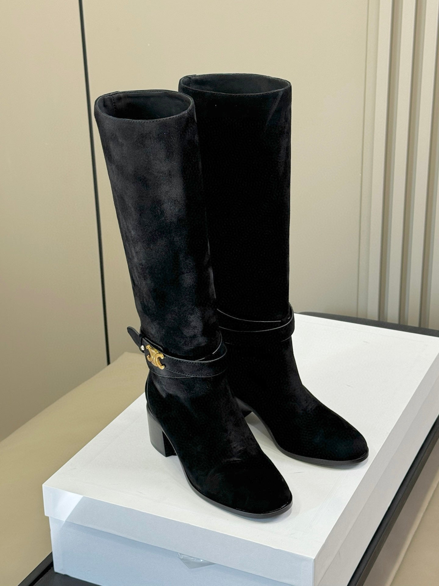CELINE 26S HIGH-TOP BOOTS IN BLACK SUEDE WITH GOLD HARDWARE